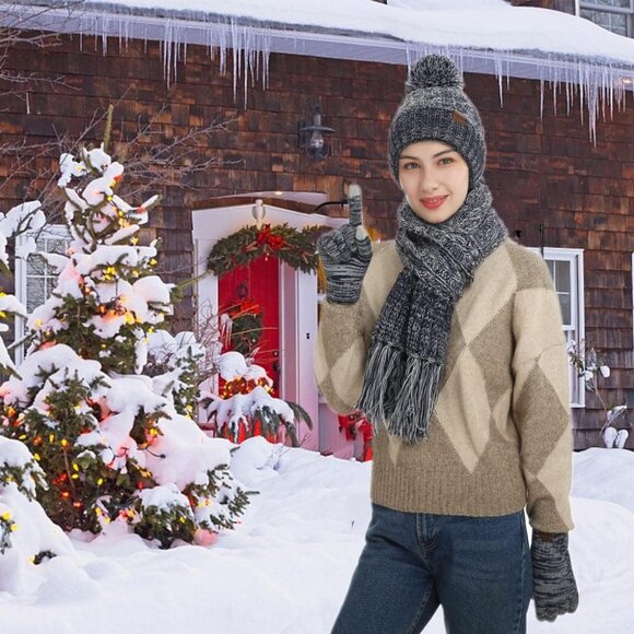 Women's Deep Blue Winter Warm Skull Caps Knit Gloves Beanie Neck Scarves 3 Set - Picture 2 of 6